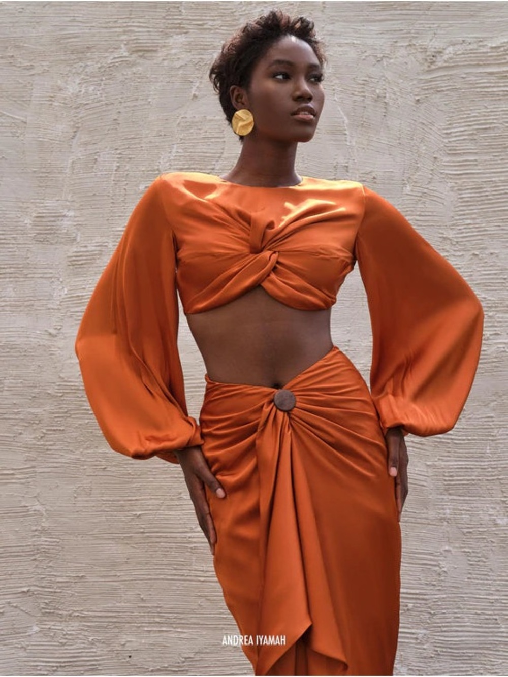 NWT Andrea Iyamah Behati Crop Top Rust Twist-Front Long-Sleeve Crop Sz L